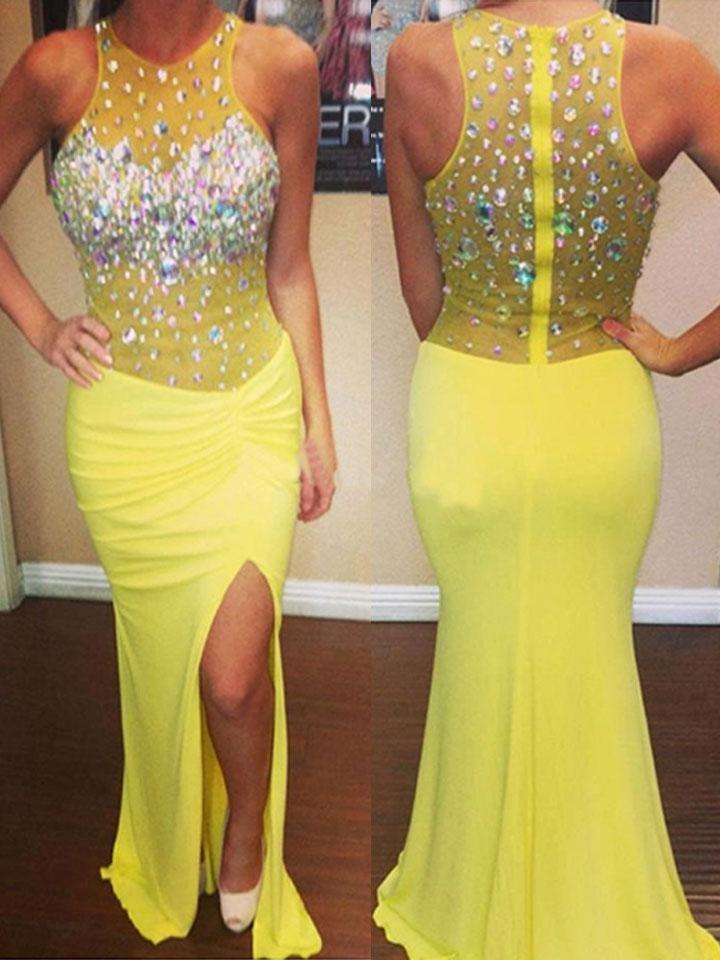 Trumpet/Mermaid Scoop Sweep/Brush Train Chiffon Prom Formal Evening Dresses with Crystal