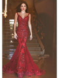 Trumpet/Mermaid V-neck Sweep/Brush Train Tulle Prom Formal Evening Dresses with Applique