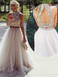 A-Line/Princess High Neck Long Tulle Prom Formal Evening Dresses with Beading