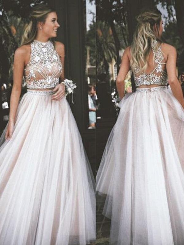 A-Line/Princess High Neck Long Tulle Prom Formal Evening Dresses with Beading