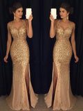 Sheath/Column V-neck Court Train Tulle Prom Formal Evening Dresses with Rhinestones
