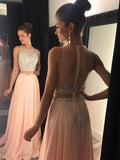 A-Line/Princess Scoop Sweep/Brush Train Chiffon Prom Formal Evening Dresses with Beading