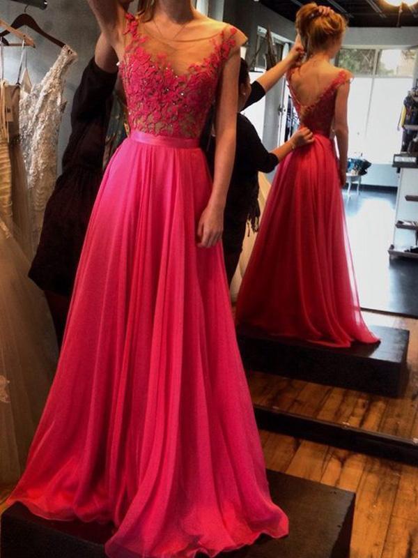 A-Line/Princess Scoop Long Chiffon Prom Formal Evening Dresses with Applique