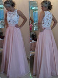 A-Line/Princess Scoop Long Organza Prom Formal Evening Dresses with Applique