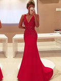 Sheath/Column V-Neck Sweep/Brush Train Satin Prom Formal Evening Dresses with Applique