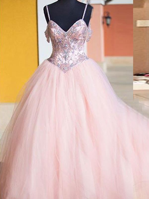 Ball Gown Spaghetti Straps Long Tulle Prom Formal Evening Dresses with Crystal