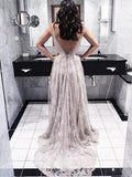 A-Line/Princess V-Neck Sweep/Brush Train Lace Prom Formal Evening Dresses with Applique