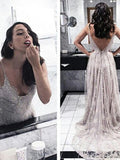 A-Line/Princess V-Neck Sweep/Brush Train Lace Prom Formal Evening Dresses with Applique