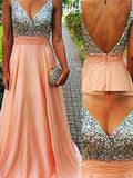 A-Line/Princess V-Neck Sweep/Brush Train Chiffon Prom Formal Evening Dresses with Beading