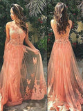 A-Line/Princess Straps Sweep/Brush Train Tulle Prom Formal Evening Dresses with Applique