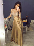 A-Line/Princess Scoop Long Satin Prom Formal Evening Dresses with Applique