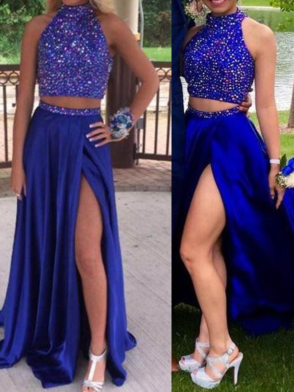 A-Line/Princess High Neck Sweep/Brush Train Satin Prom Formal Evening Dresses with Beading