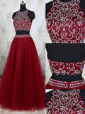 A-Line/Princess Jewel Long Tulle Prom Formal Evening Dresses with Beading