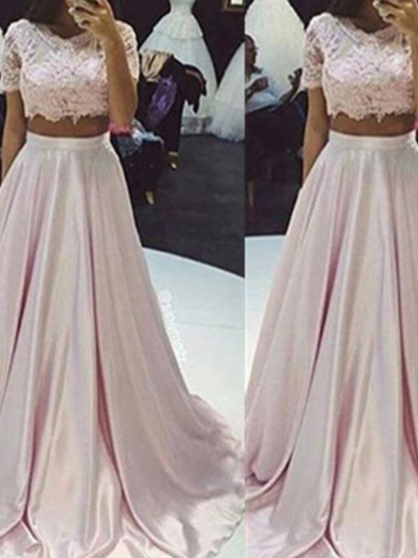 A-Line/Princess Scoop Long Taffeta Prom Formal Evening Dresses with Lace