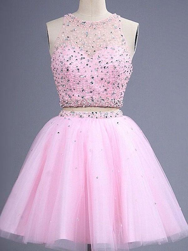 A-Line/Princess Scoop Short/Mini Tulle Prom Formal Evening Dresses with Beading