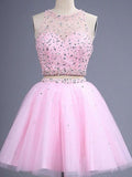 A-Line/Princess Scoop Short/Mini Tulle Prom Formal Evening Dresses with Beading