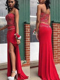 Sheath/Column Sweetheart Sweep/Brush Train Satin Prom Formal Evening Dresses with Beading