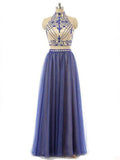 A-Line/Princess High Neck Long Chiffon Prom Formal Evening Dresses with Beading