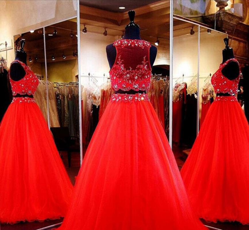 A-Line/Princess Scoop Long Tulle Prom Formal Evening Dresses with Beading