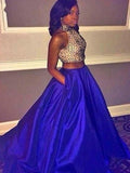 Ball Gown Halter Sweep/Brush Train Taffeta Prom Formal Evening Dresses with Beading