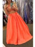 A-Line/Princess High Neck Long Satin Prom Formal Evening Dresses with Beading
