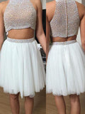 A-Line/Princess High Neck Short/Mini Tulle Prom Formal Evening Dresses with Beading