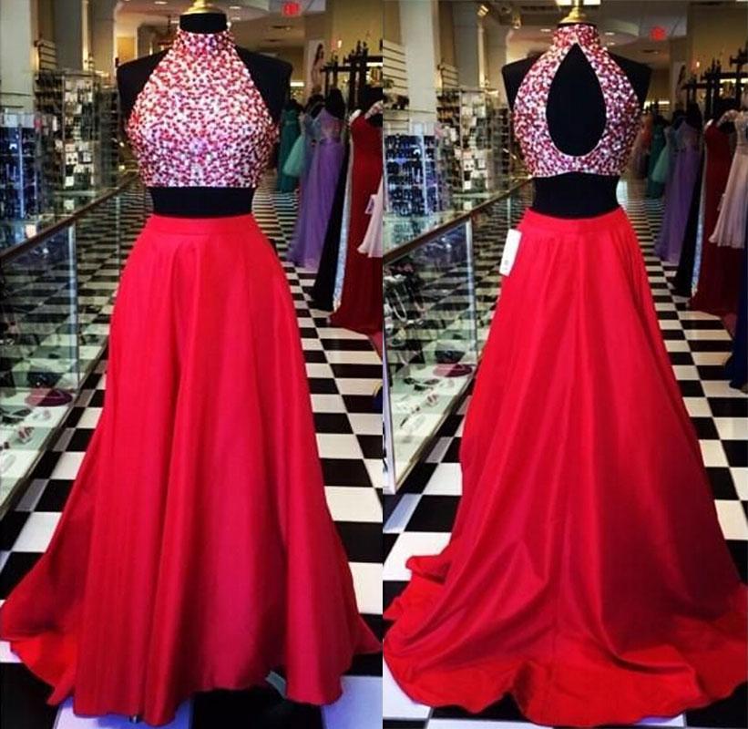 A-Line/Princess Halter Sweep/Brush Train Satin Prom Formal Evening Dresses with Beading
