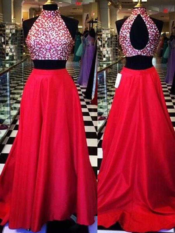 A-Line/Princess Halter Sweep/Brush Train Satin Prom Formal Evening Dresses with Beading