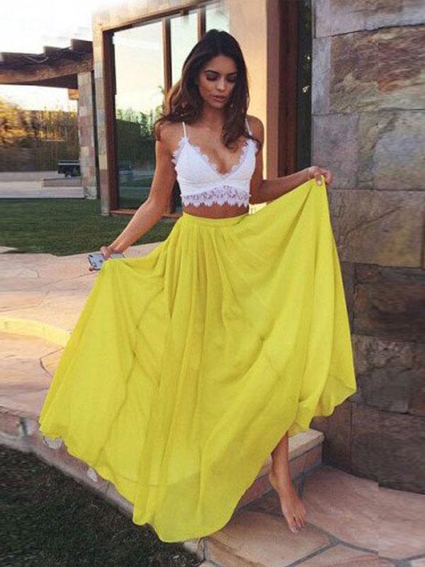 A-Line/Princess Straps Long Chiffon Prom Formal Evening Dresses with Lace