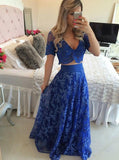A-Line/Princess V-neck Long Lace Short Sleeves Formal Evening Dresses