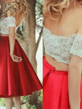 A-Line/Princess Off-the-shoulder Knee-Length Satin Prom Formal Evening Dresses with Lace