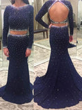 Trumpet/Mermaid Scoop Sweep/Brush Train Satin Prom Formal Evening Dresses with Beading