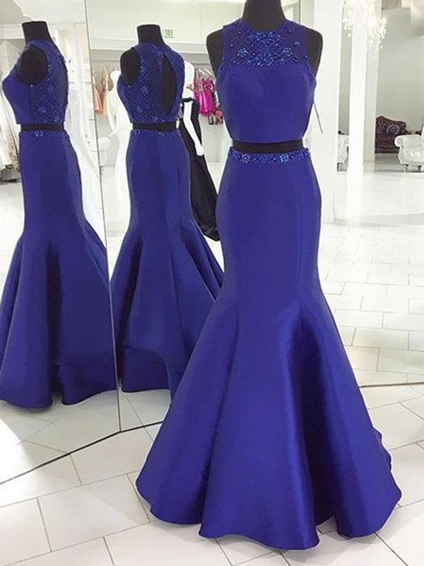 Trumpet/Mermaid Scoop Long Satin Prom Formal Evening Dresses with Beading