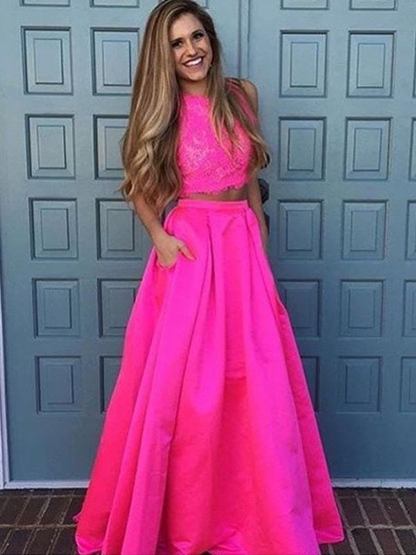 A-Line/Princess Scoop Long Satin Prom Formal Evening Dresses with Lace