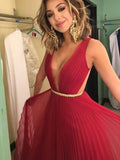 A-Line/Princess V-Neck Long Chiffon Prom Formal Evening Dresses with Sash