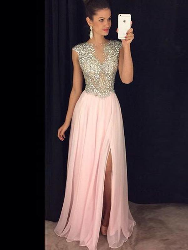 A-Line/Princess Bateau Long Chiffon Prom Formal Evening Dresses with Sequin