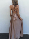 A-Line/Princess Spaghetti Straps Long Satin Prom Formal Dresses with Sash