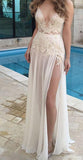 A-Line/Princess V-Neck Long Chiffon Prom Formal Evening Dresses with Applique