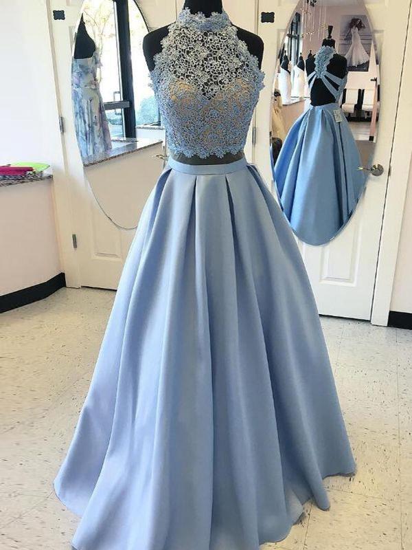 Ball Gown High Neck Long Satin Prom Formal Evening Dresses with Applique