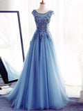 Ball Gown Jewel Sweep/Brush Train Tulle Prom Formal Evening Dresses with Applique