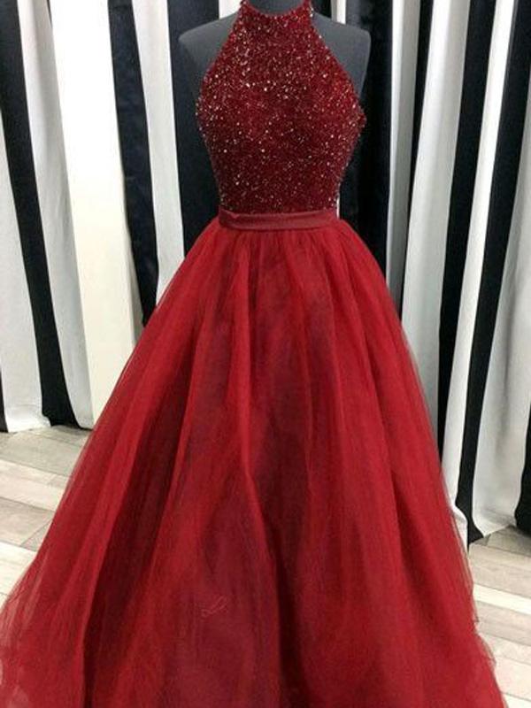 Ball Gown High Neck Long Organza Prom Formal Evening Dresses with Beading