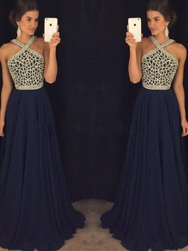 A-Line/Princess Halter Long Chiffon Prom Formal Evening Dresses with Beading