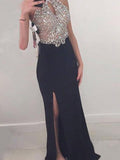 Sheath/Column Halter Long Jersey Prom Formal Evening Dresses with Beading