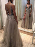 A-Line/Princess V-neck Sweep/Brush Train Tulle Prom Formal Evening Dresses with Paillette