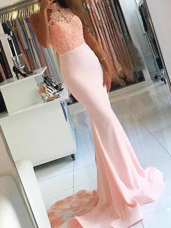 Trumpet/Mermaid High Neck Sweep/Brush Train Satin Prom Formal Evening Dresses with Lace