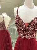 A-Line/Princess Spaghetti Straps Long Chiffon Formal Evening Dresses with Beading