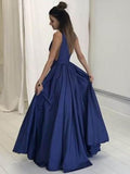 A-Line/Princess V-neck Long Satin Prom Formal Evening Dresses
