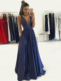 A-Line/Princess V-neck Long Satin Prom Formal Evening Dresses