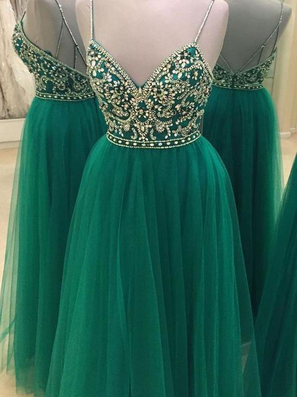 A-Line/Princess Spaghetti Straps Long Tulle Prom Formal Evening Dresses with Beading