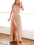 A-Line/Princess Halter Long Chiffon Prom Formal Evening Dresses with Beading